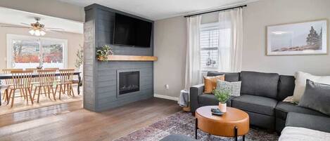 Smart TV, fireplace, video games, foosball