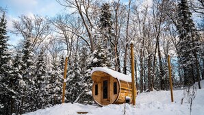 Une cabane en bois dotée d’un toit incurvé, entourée d’arbres couverts de neige et surplombant un ciel dégagé.