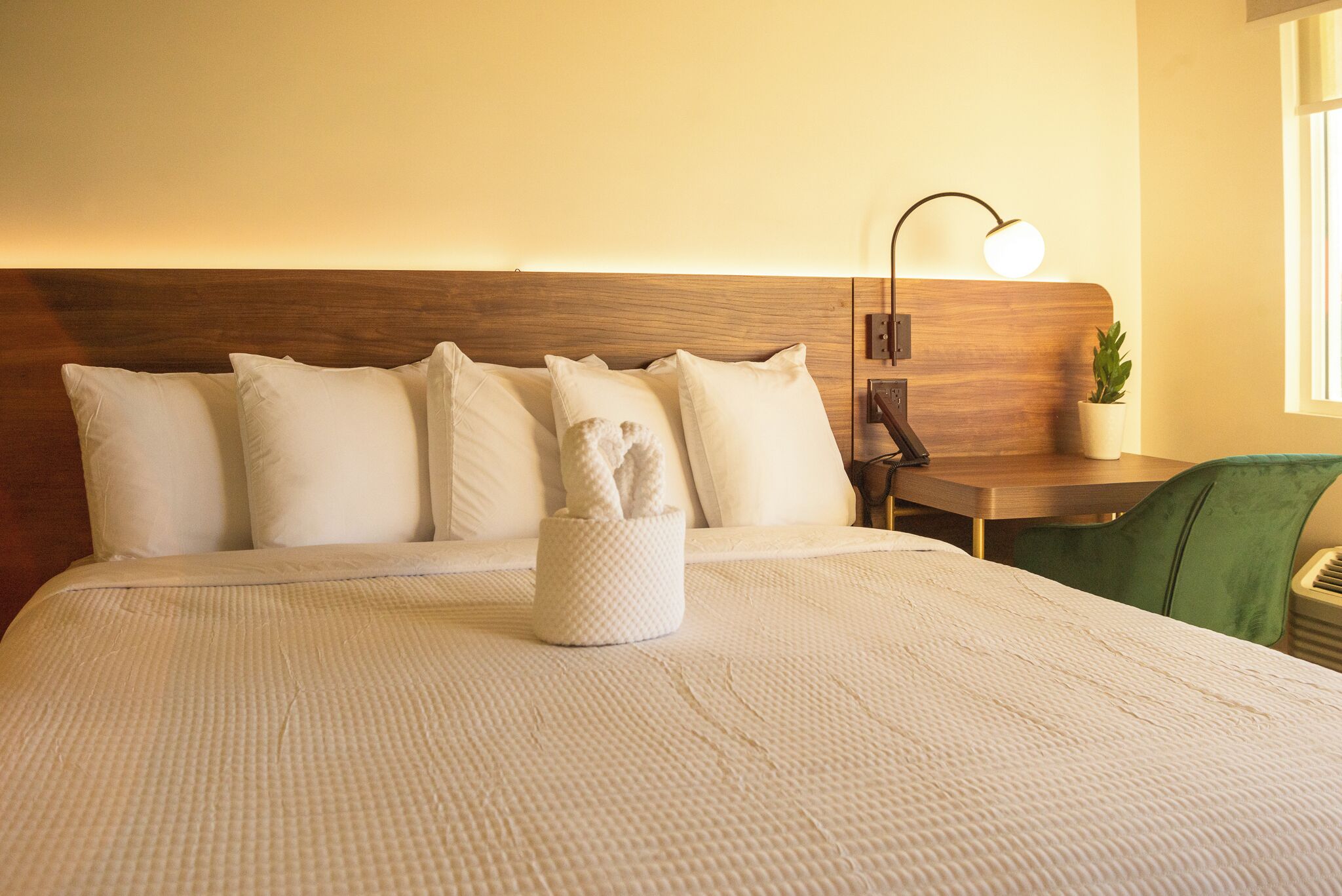 A neatly made bed with a headboard, a bedside table with a lamp, and a small potted plant.