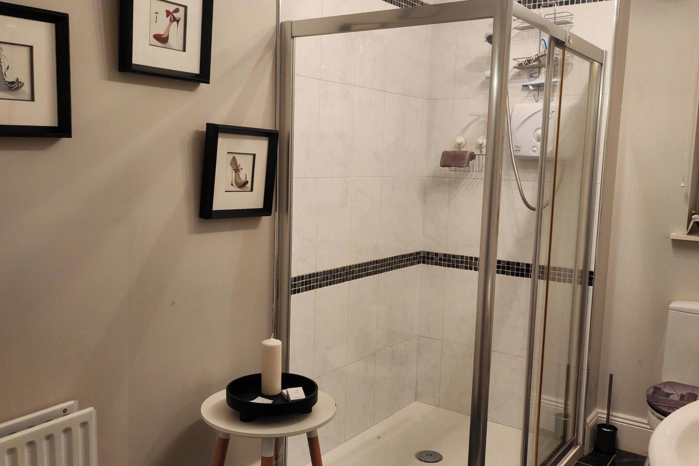 Shower, hair dryer, towels