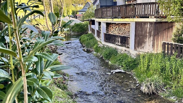 A river flowing through a residential area with houses on one side and a wooden fence on the other. - Comfortable and versatile room -perfect for relaxation, work and exchange (Winterberg)