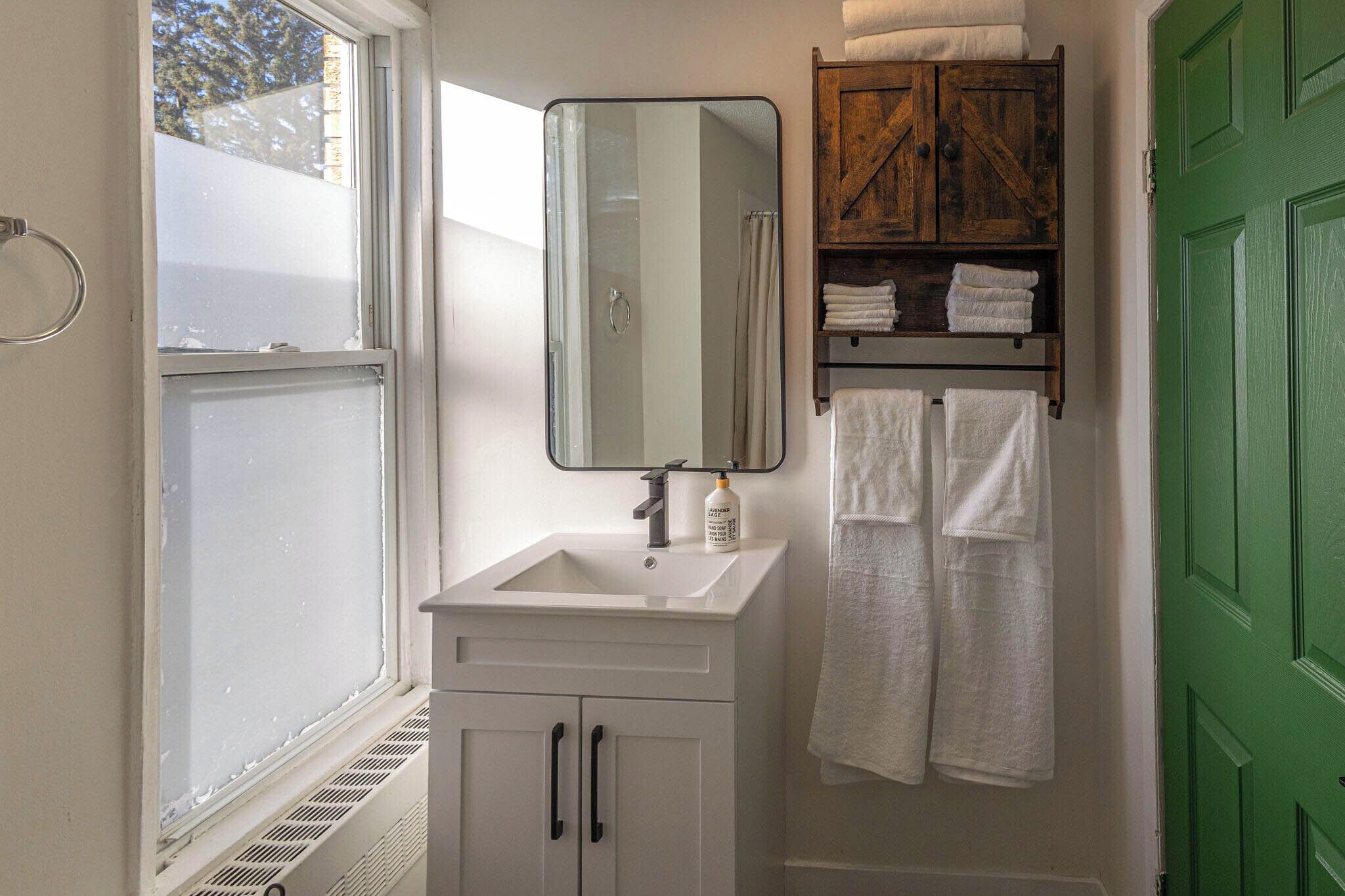 Hair dryer, towels, soap, shampoo