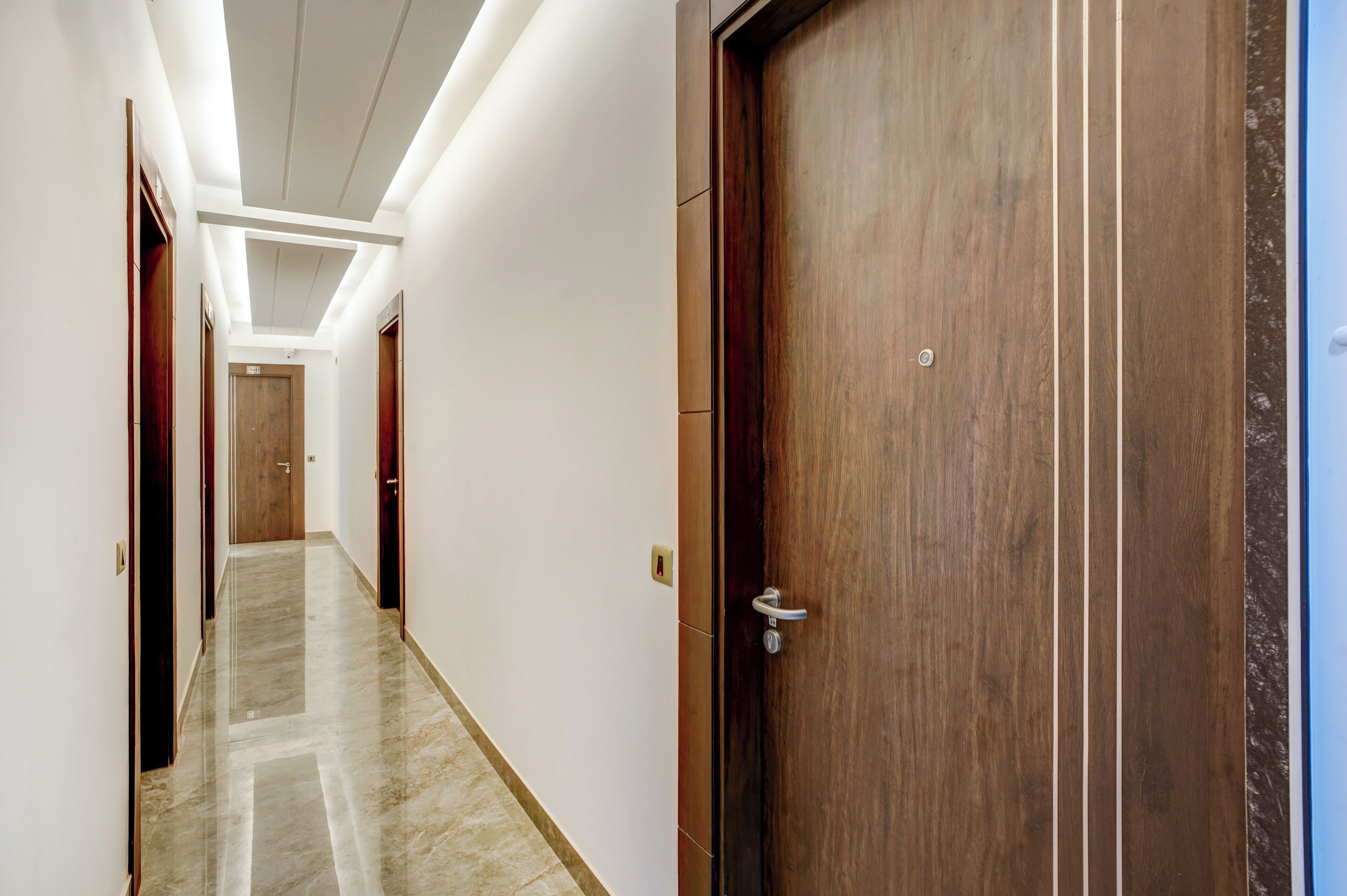 Un couloir avec une porte en bois, un interrupteur et une poignée de porte.