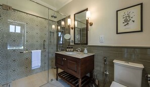 Hair dryer, slippers, towels, soap