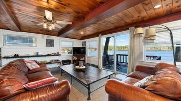 Smart TV, chimenea y libros