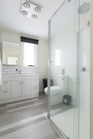 Shower, hair dryer, towels