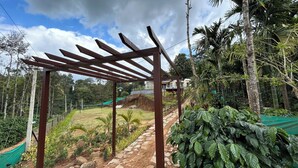 Une pergola dans un jardin, avec un chemin de pierre, entourée d’une végétation luxuriante et d’arbres.