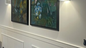 Two framed artworks on a white wall with built-in lighting. - Comfortable stay in city center, stores, pedestrian island restaurants and bars. (Avellino)