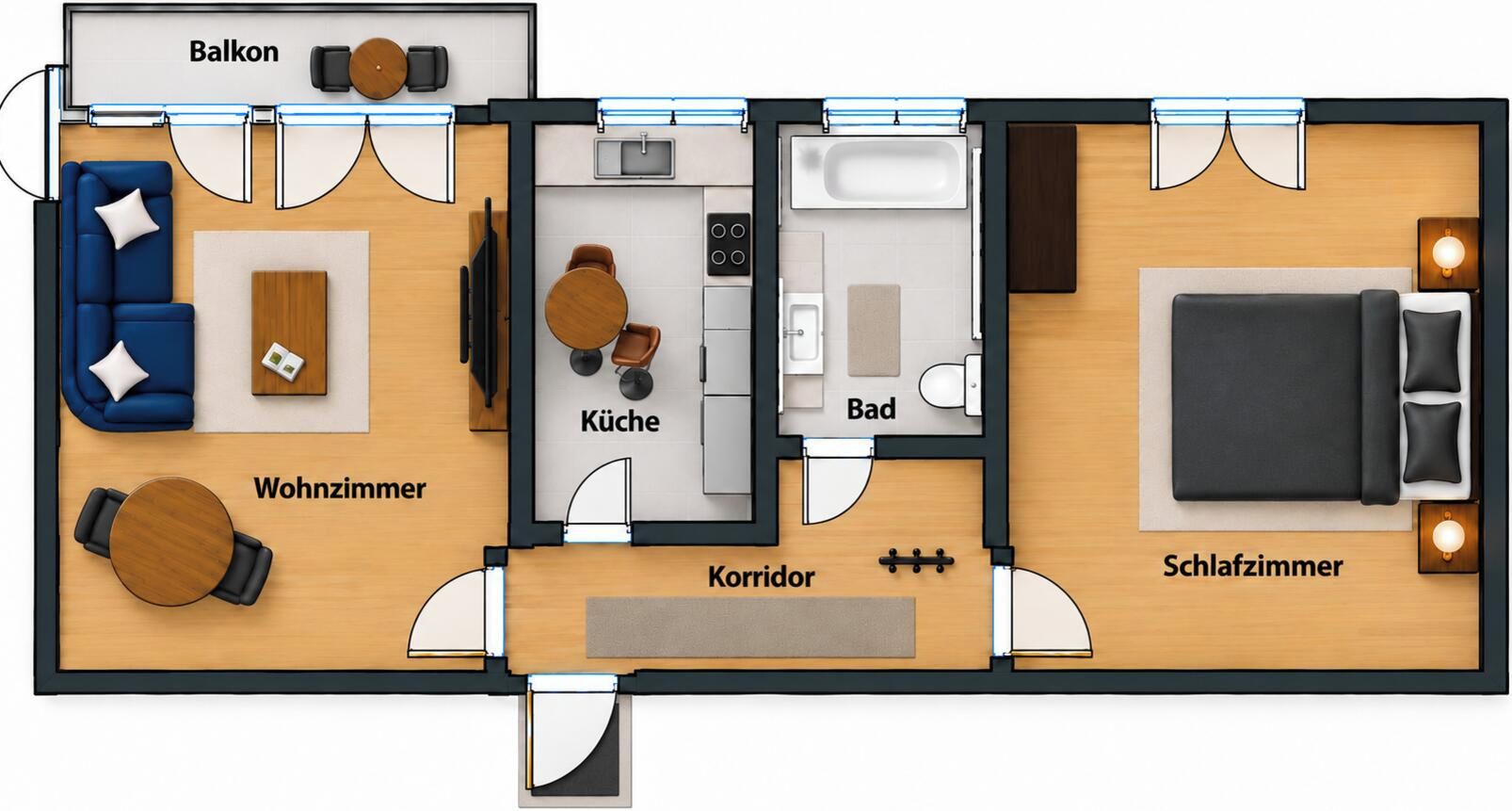 Ein Grundriss eines Hotelzimmers mit Balkon, Wohnzimmer, Küche, Bad und Schlafzimmer.