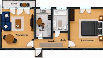 Ein Grundriss eines Hotelzimmers mit Balkon, Wohnzimmer, Küche, Bad und Schlafzimmer.