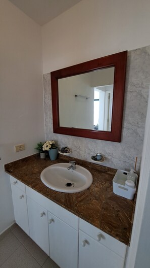 Chuveiro, secador de cabelo, bidê, toalhas de banho