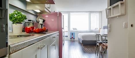 Fridge, oven, stovetop, coffee/tea maker
