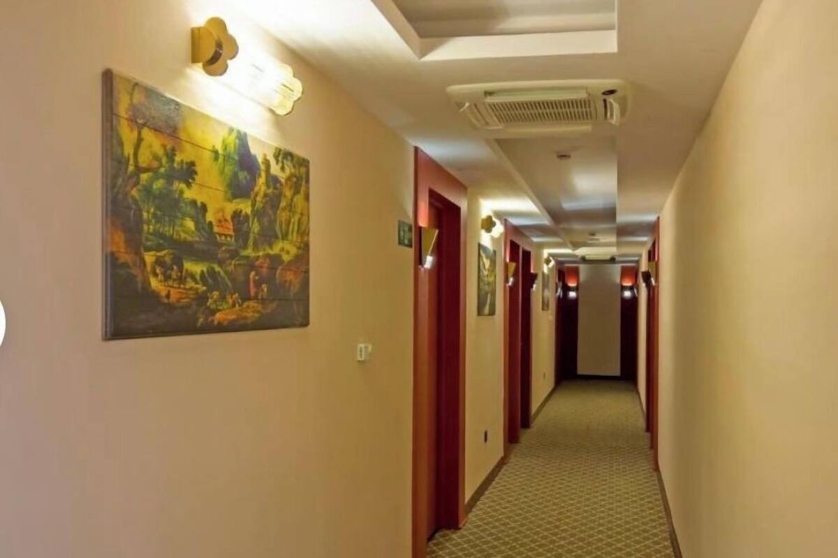 A hotel hallway with a painting on the left wall, a carpeted floor, and a ceiling with a light fixture.