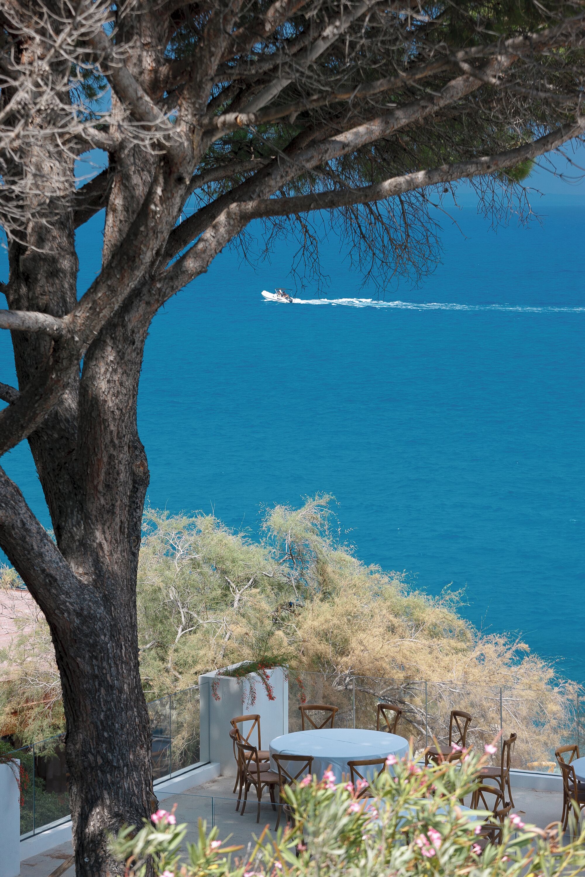 A terrace with a table and chairs overlooking the sea, a tree in the foreground, and a clear view of the ocean.