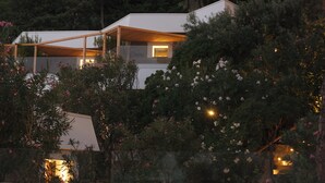 A modern house with a covered patio area, surrounded by dense foliage and flowering plants. - Blu70 (Staletti)