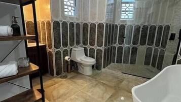 Shower, towels, soap, toilet paper