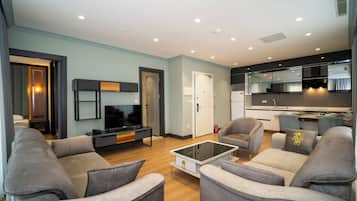 Junior-huoneisto, kaupunkinäköala | Oleskelualue | Televisio