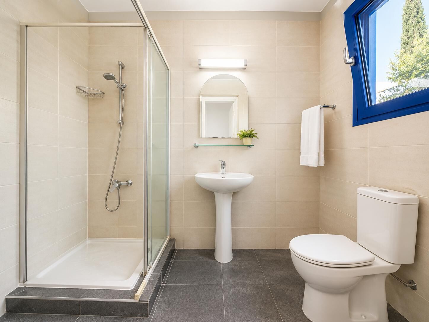 A bathroom with a glass-enclosed shower, a pedestal sink, a toilet, and a window with a blue frame.