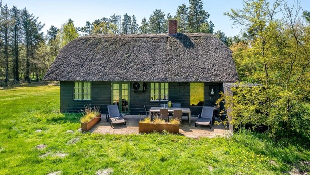 Une maison à toit de chaume dotée d’un patio, de meubles de jardin et d’une pelouse.