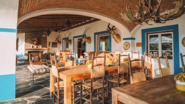 Un espace repas avec des tables et des chaises en bois, un lustre et des têtes d’animaux décoratives accrochées au mur.