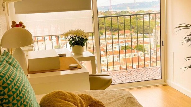 A bedroom with a bed, a desk, a chair, a potted plant, and a view of the city through a balcony door.