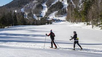 Paesaggio innevato con due sciatori e una montagna sullo sfondo.