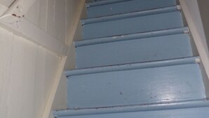 A staircase with blue steps and white walls.