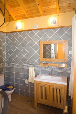Jetted bath, hair dryer, towels, toilet paper