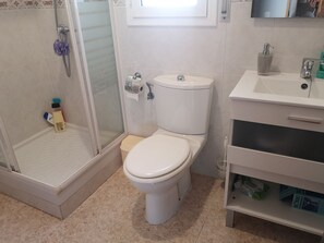 Shower, hair dryer, bidet, towels
