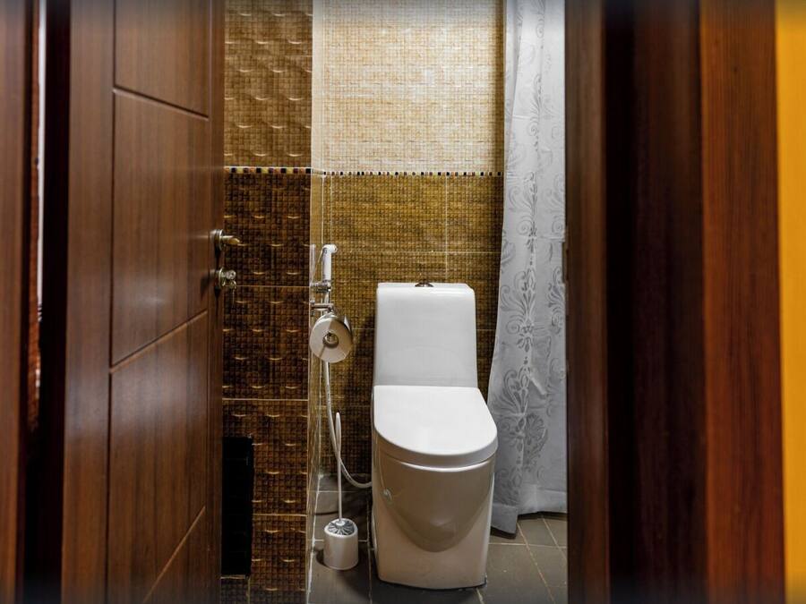 Un baño con inodoro, ducha y soporte para papel higiénico.
