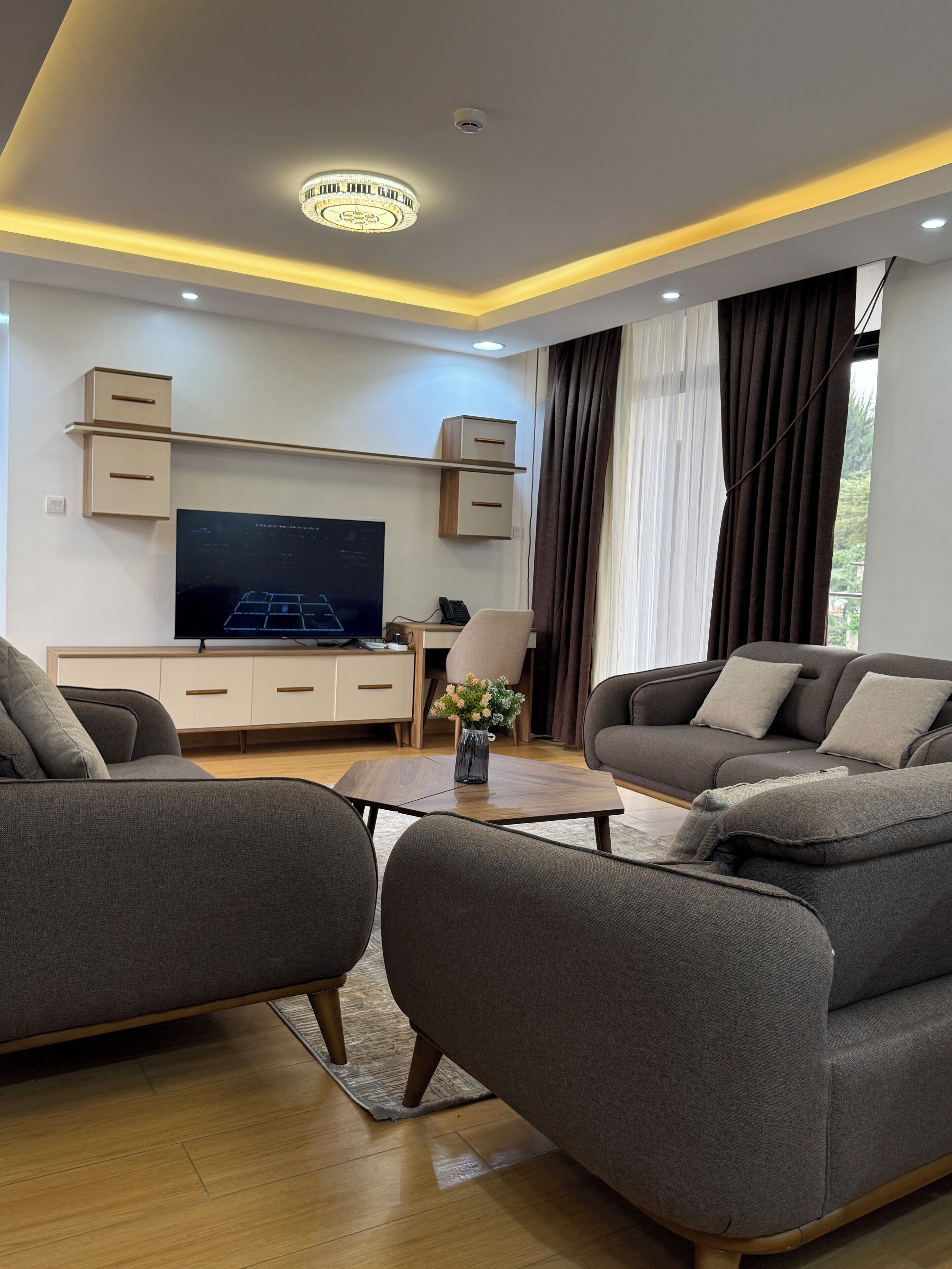 A modern living room with a flat-screen TV, two grey sofas, a coffee table, and a wooden cabinet.