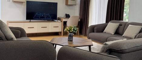 A modern living room with a flat-screen TV, two grey sofas, a coffee table, and a wooden cabinet.
