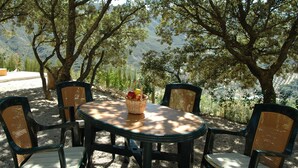A round table with four wicker chairs, a basket of fruit, and a view of a mountainous landscape.