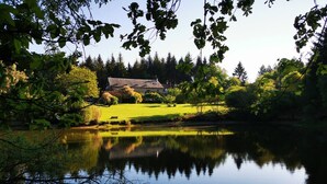 A serene lakeside scene with a house surrounded by lush greenery and a clear reflection in the water.