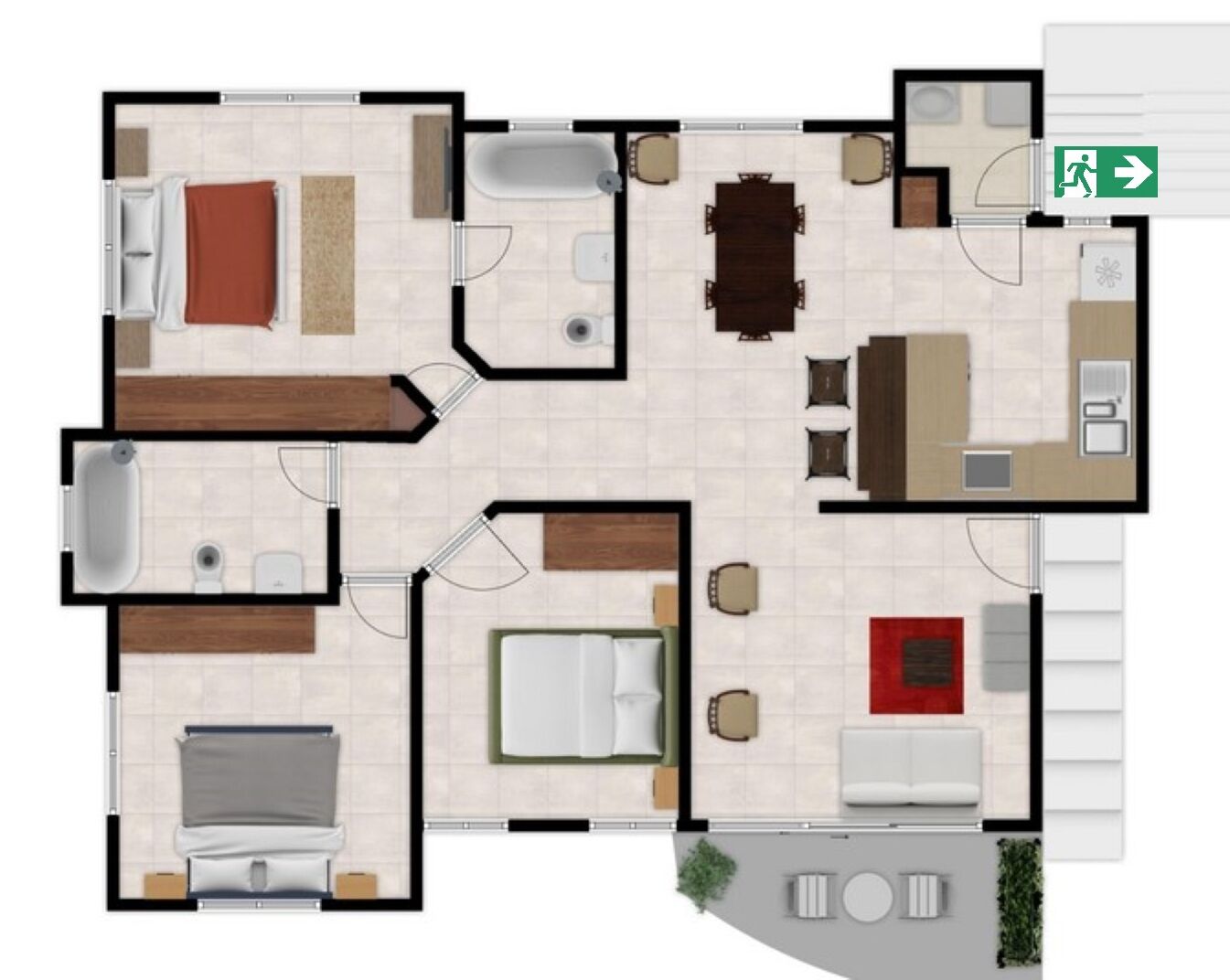 A hotel room layout with a bathroom, a dining area, a living room, and a small kitchen.