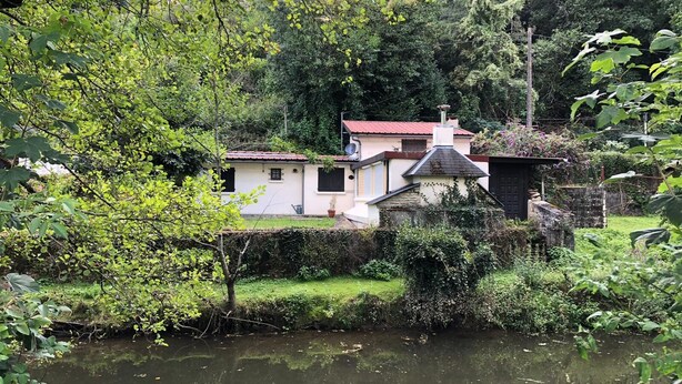 A house with a red roof, surrounded by lush greenery and a body of water. - Private cottage with it's own fishing & pet friendly! (Civray)