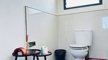 Shower, towels, soap, toilet paper