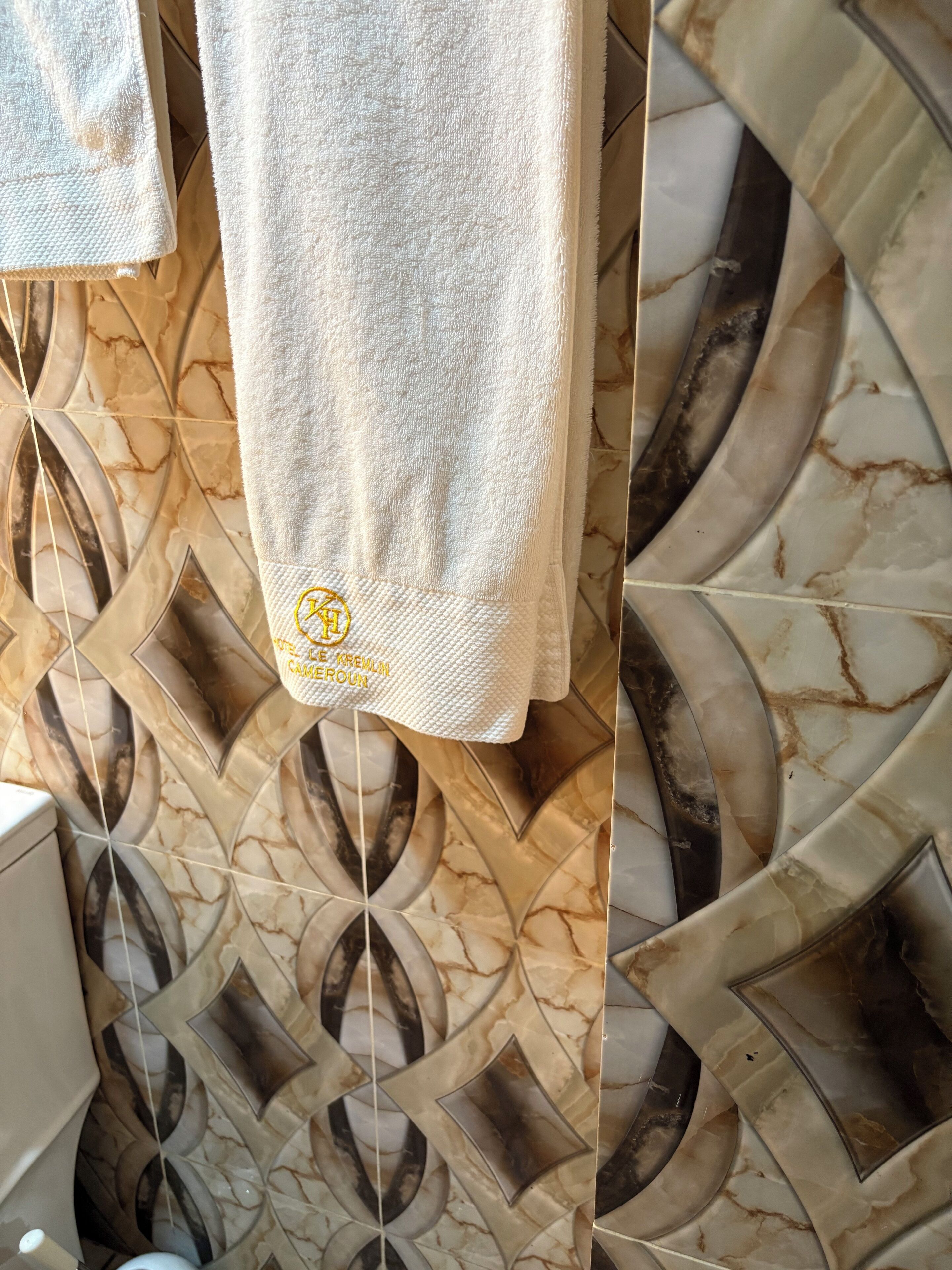 Un baño con piso de baldosas estampadas y una toalla con un logotipo colgada en un perchero.