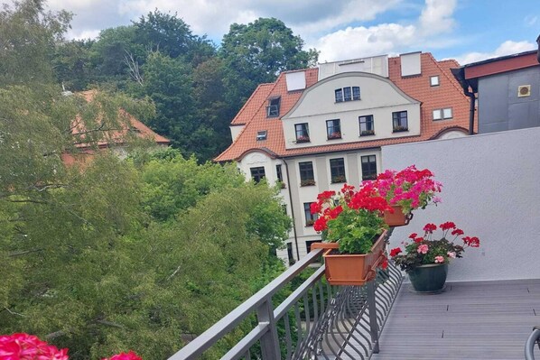 Un balcon agrémenté de plantes en pot, d’où l’on peut admirer un immeuble dont le toit est recouvert de tuiles rouges.