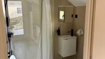 A modern bathroom with a glass shower enclosure, a white sink, and a mirror.
