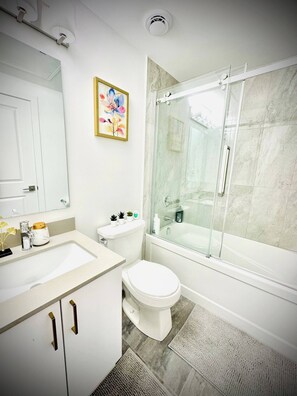 Hair dryer, towels, soap, shampoo