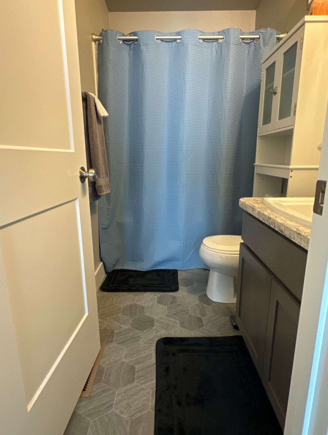Hair dryer, towels, soap, toilet paper