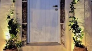 A white door with a black handle, flanked by two potted plants and a sign reading "Margarita Villa".