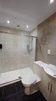 Un baño moderno con ducha de vidrio, inodoro blanco y tocador con lavamanos.