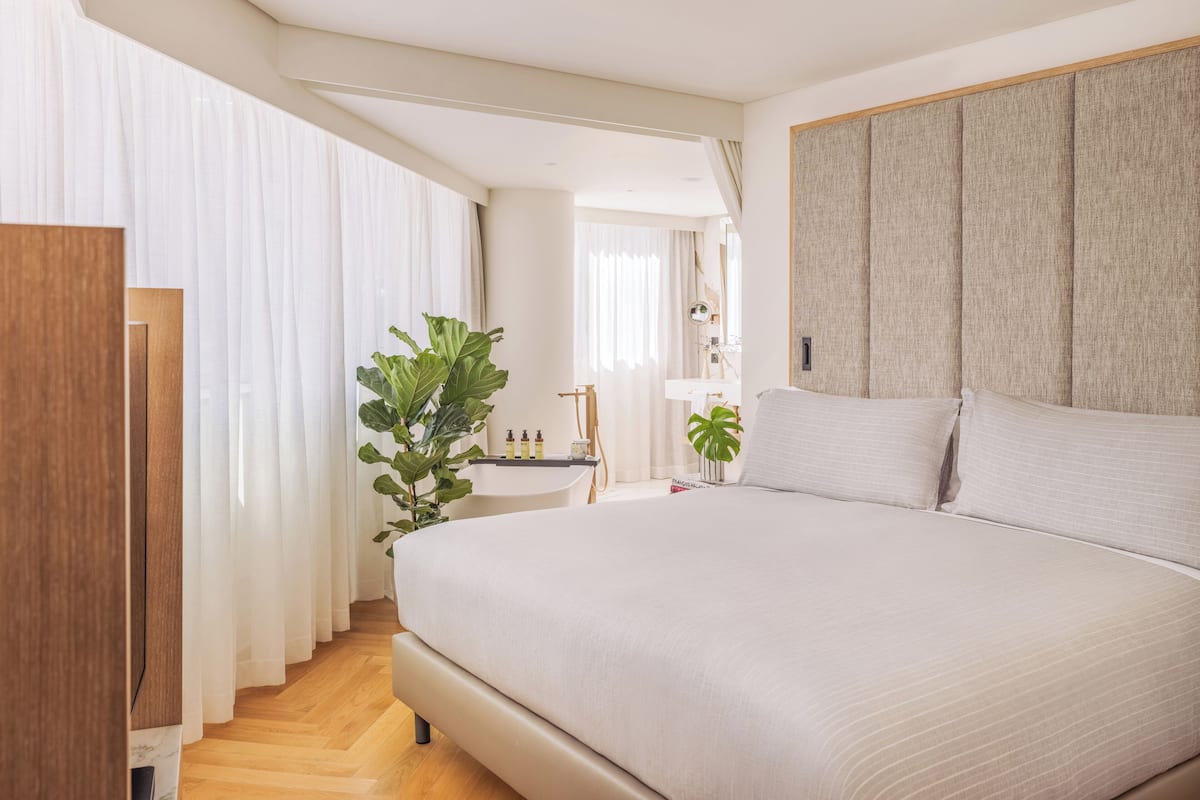 Een moderne slaapkamer met een groot bed, een houten garderobe, een klein nachtkastje en een potplant.