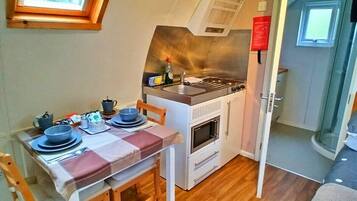 Fridge, microwave, electric kettle, toaster