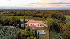 A large villa with a spacious patio, a swimming pool, and a vineyard in the background.