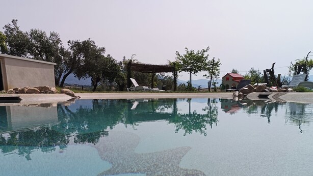 Ein klarer Pool mit Kieselsandboden und einem sternförmigen Design in der Mitte.