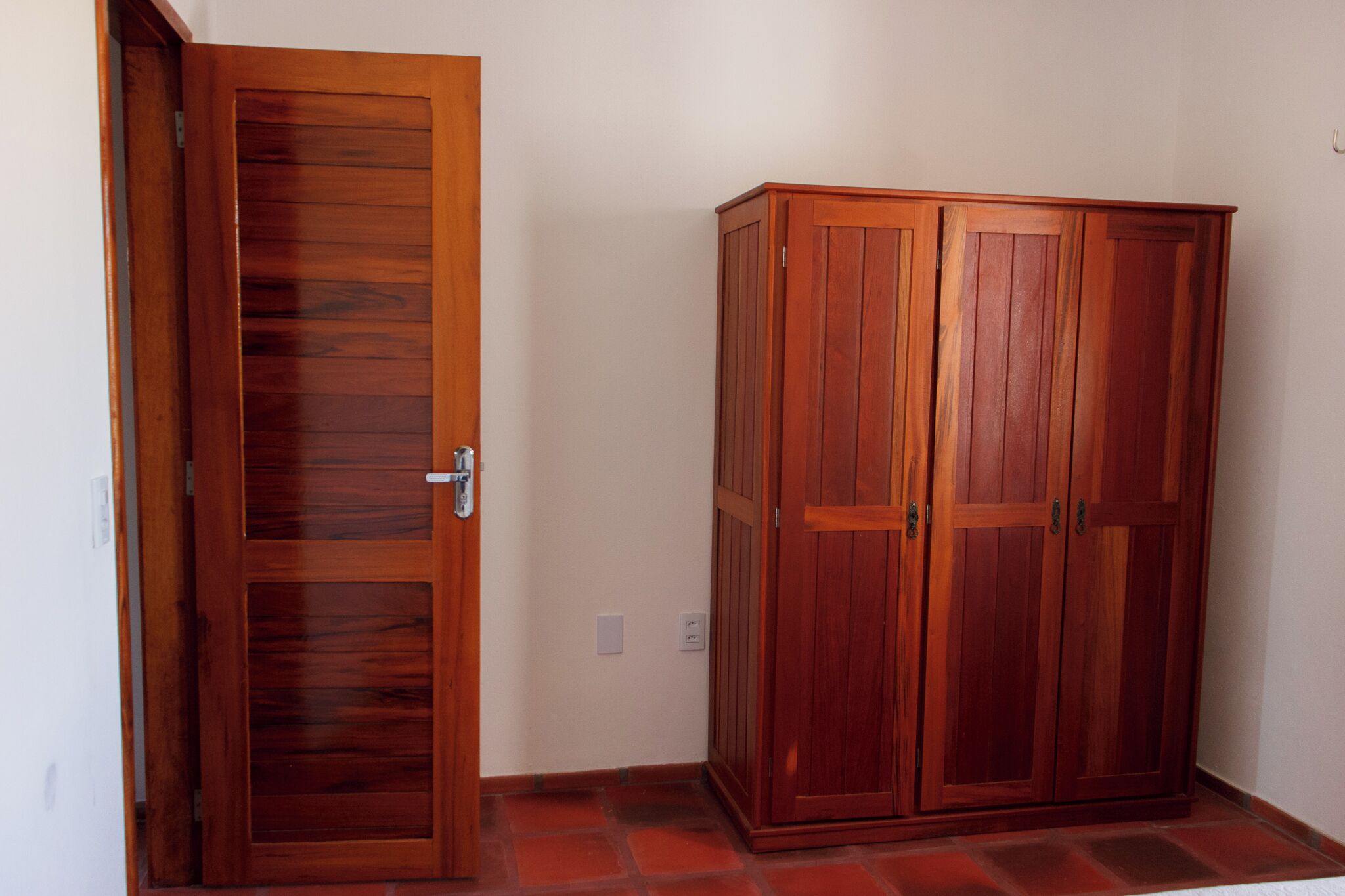 A room with a wooden wardrobe and a door.