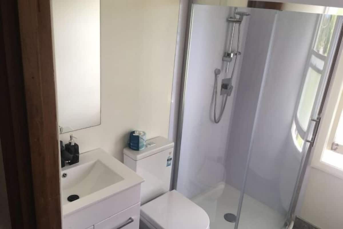 A bathroom with a white sink, toilet, and glass-enclosed shower.